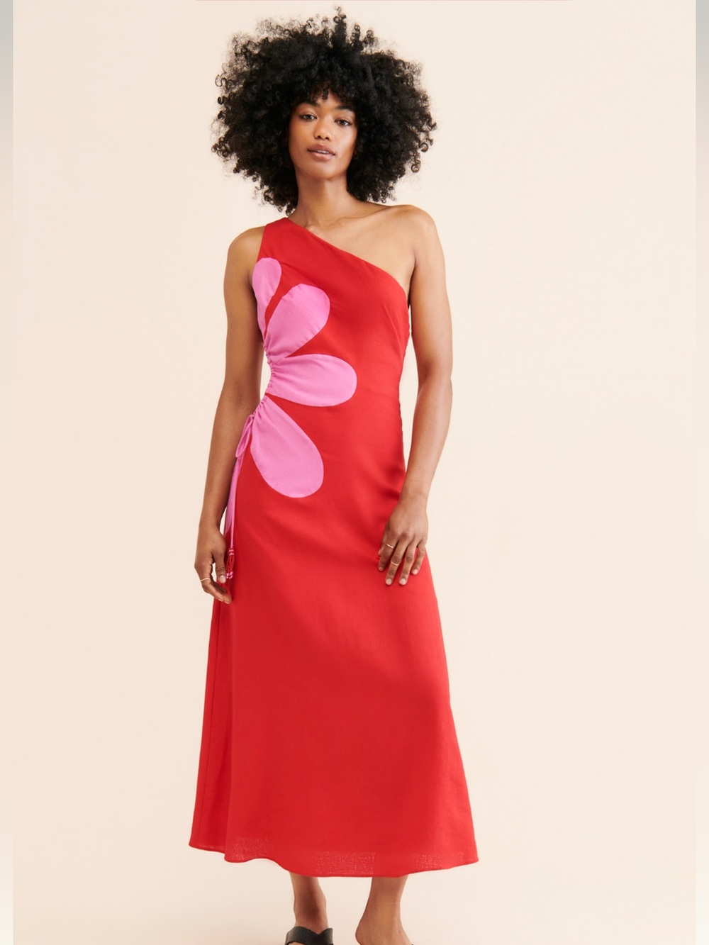 FARM RIO Cutout One-shoulder Bead-embellished Linen-blend Midi Dress